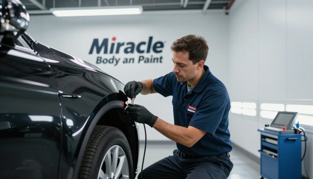 A high-quality photo of a clean, modern auto body shop in San Antonio with a technician expertly repairing a vehicle, bright lighting, professional equipment, and the Miracle Body and Paint logo visible in the background, 4k resolution. A high-quality photo of a clean, modern auto body shop in San Antonio with a technician expertly repairing a vehicle, bright lighting, professional equipment, and the Miracle Body and Paint logo visible in the background, 4k resolution.