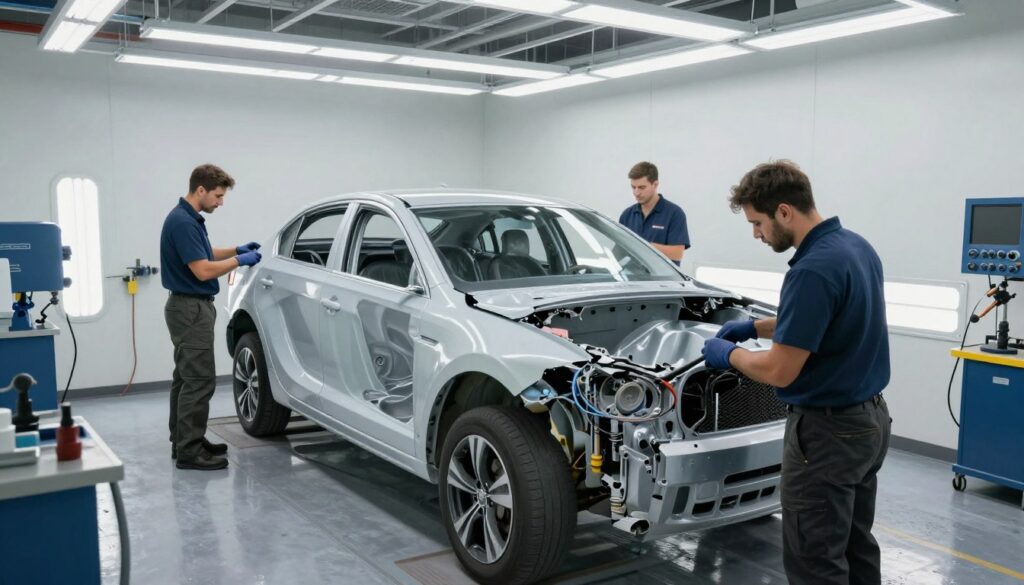 A high-quality photo of a modern San Antonio collision repair facility featuring professional technicians working on a vehicle restoration project.