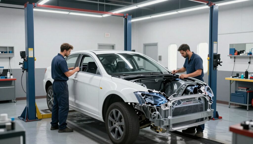 A high-quality photo of a modern auto body repair facility in San Antonio, Texas, featuring expert technicians working on a car in a clean, professional service bay. A high-quality photo of a modern auto body repair facility in San Antonio, Texas, featuring expert technicians working on a car in a clean, professional service bay.