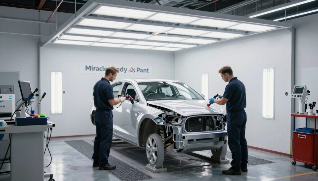A high-quality photo of a modern, professional auto body shop in San Antonio called Miracle Body and Paint, showing certified technicians working on a vehicle with advanced tools.