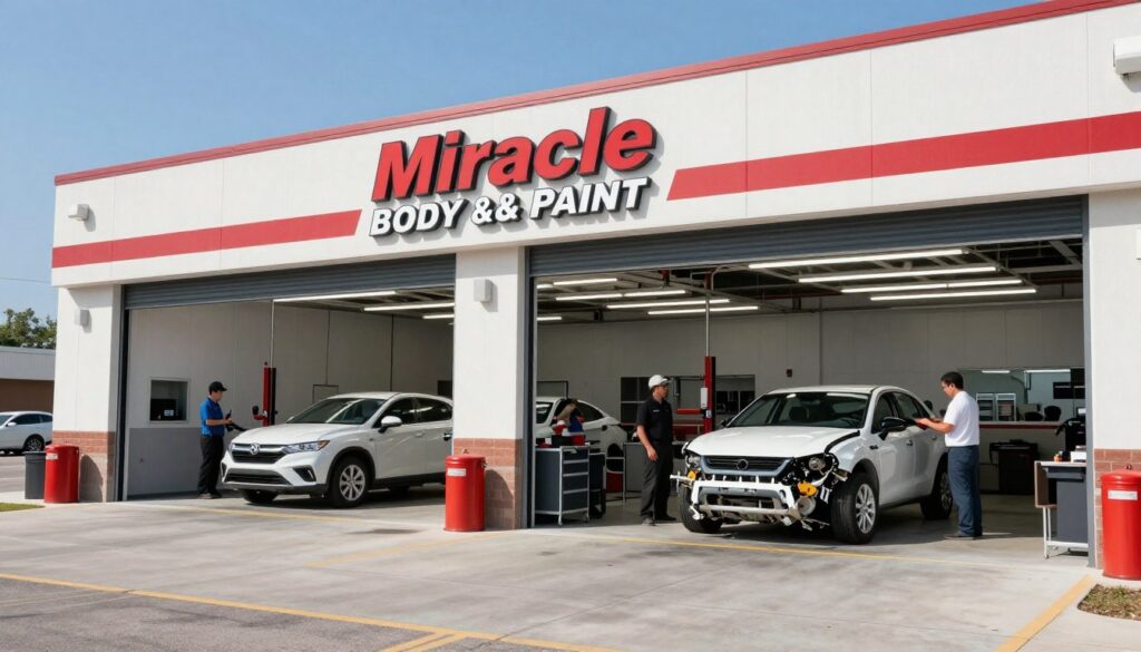 A high-quality, professional photograph of a modern auto collision repair shop in San Antonio, Texas, featuring clean service bays, expert technicians, and the Miracle Body and Paint logo prominently displayed on the building exterior under a clear sky. A high-quality, professional photograph of a modern auto collision repair shop in San Antonio, Texas, featuring clean service bays, expert technicians, and the Miracle Body and Paint logo prominently displayed on the building exterior under a clear sky.