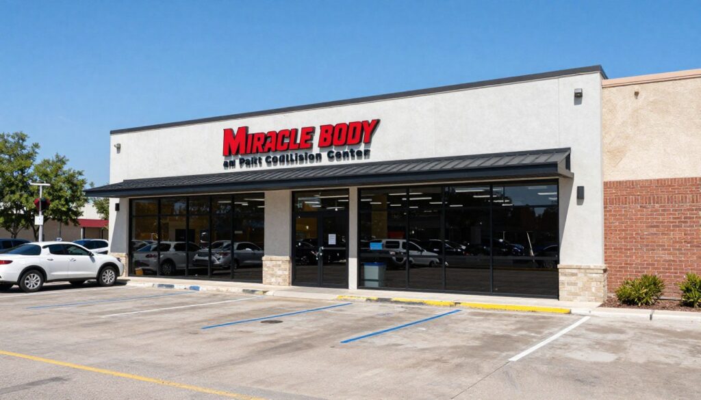 A high-quality, professional wide-angle photograph of the Miracle Body and Paint Collision Center San Antonio TX facility during a bright day, featuring the modern storefront, clear branding, and a clean customer parking area in a San Antonio street setting.