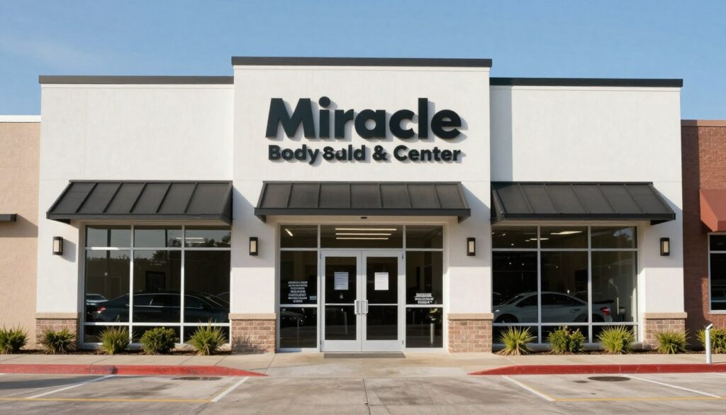 A high-quality, professional wide-angle photograph of the Miracle Body and Paint Collision Center storefront in San Antonio, Texas, showing a modern facility with clear branding and a welcoming customer entrance. A high-quality, professional wide-angle photograph of the Miracle Body and Paint Collision Center storefront in San Antonio, Texas, showing a modern facility with clear branding and a welcoming customer entrance.