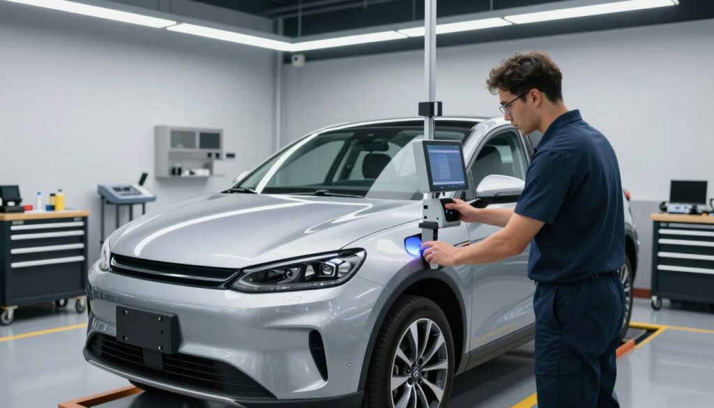 A high-tech San Antonio auto body shop interior with a clean, professional atmosphere. A certified technician is using a computerized laser measuring system to inspect the structural alignment of a modern silver sedan. The background shows organized tool stations and bright, cinematic overhead lighting.