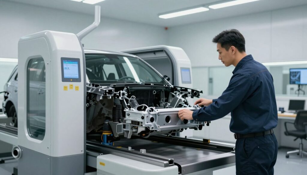 A high-tech computerized frame alignment machine inside a clean, modern collision center where a certified technician in a uniform is inspecting a vehicle's chassis. A high-tech computerized frame alignment machine inside a clean, modern collision center where a certified technician in a uniform is inspecting a vehicle's chassis.