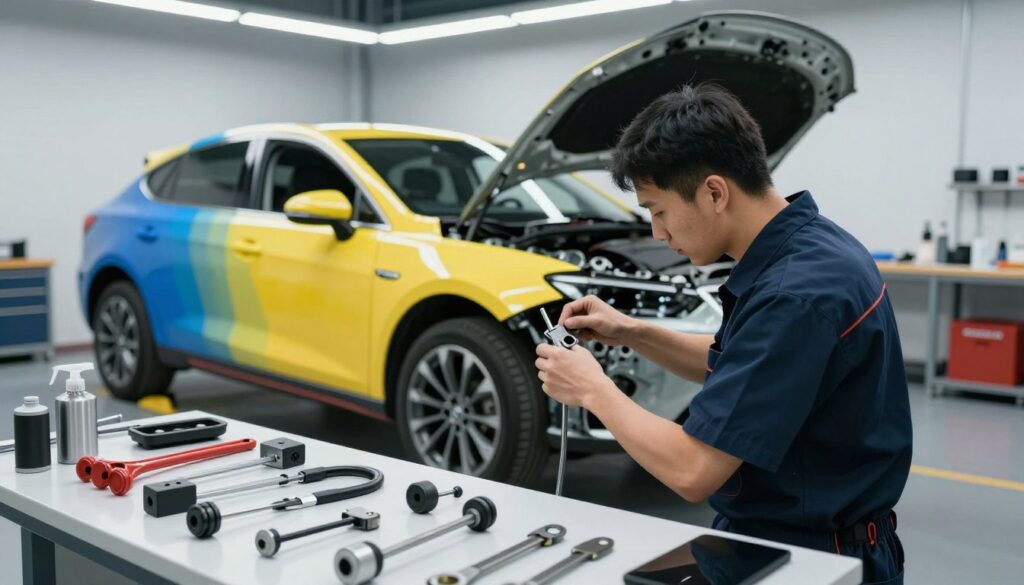 A modern, well-equipped auto body shop featuring a car being repaired by a technician in professional attire. The technician is focused on meticulously aligning parts of the vehicle, showcasing attention to detail. In the foreground, tools and OEM-certified parts are neatly organized on a workbench. The middle ground displays the car in vibrant colors, highlighting its sleek design and pristine condition, with the technician's hands skillfully working on it. The background shows the clean, organized workspace with proper lighting illuminating the scene, enhancing the professionalism of the environment. Capture the atmosphere of trust and quality, with a sense of safety and compliance in the air, emphasizing the importance of certified collision repair. Use a wide-angle lens effect to create depth and focus on the technician's expertise. A modern, well-equipped auto body shop featuring a car being repaired by a technician in professional attire. The technician is focused on meticulously aligning parts of the vehicle, showcasing attention to detail. In the foreground, tools and OEM-certified parts are neatly organized on a workbench. The middle ground displays the car in vibrant colors, highlighting its sleek design and pristine condition, with the technician's hands skillfully working on it. The background shows the clean, organized workspace with proper lighting illuminating the scene, enhancing the professionalism of the environment. Capture the atmosphere of trust and quality, with a sense of safety and compliance in the air, emphasizing the importance of certified collision repair. Use a wide-angle lens effect to create depth and focus on the technician's expertise.