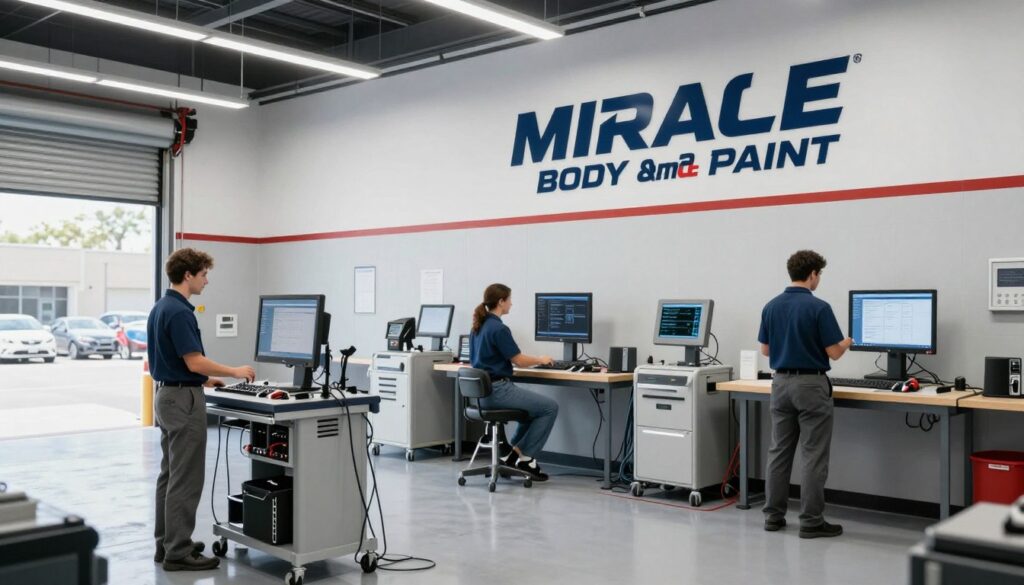 A professional and modern auto body repair facility in San Antonio featuring high-end diagnostic tools and a clean, organized garage with the Miracle Body and Paint logo visible. A professional and modern auto body repair facility in San Antonio featuring high-end diagnostic tools and a clean, organized garage with the Miracle Body and Paint logo visible.