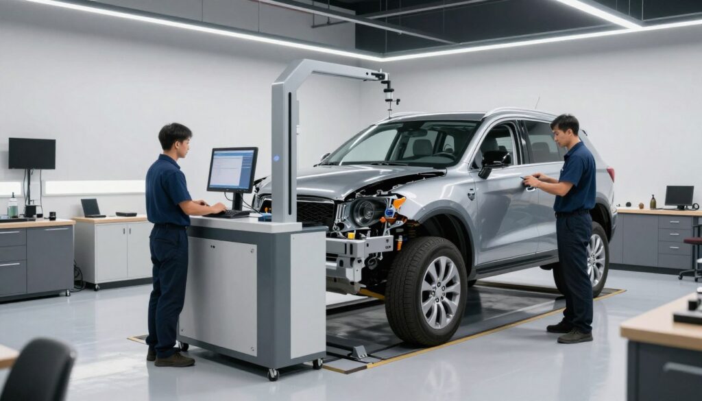 A professional and modern auto body shop interior in San Antonio featuring technicians operating a high-tech computerized frame straightening machine on a damaged SUV, bright and clean facility, 4k resolution. A professional and modern auto body shop interior in San Antonio featuring technicians operating a high-tech computerized frame straightening machine on a damaged SUV, bright and clean facility, 4k resolution.