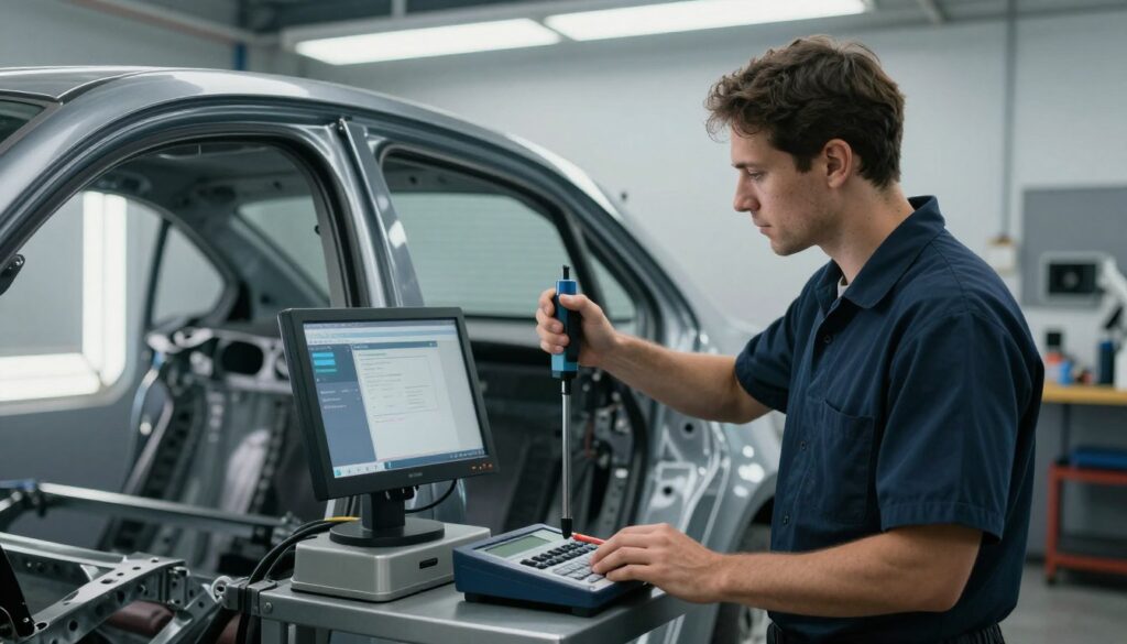 A professional auto body repair shop in San Antonio showing a technician using a computerized measuring system and hydraulic equipment to align a car frame, cinematic lighting, 4k.
