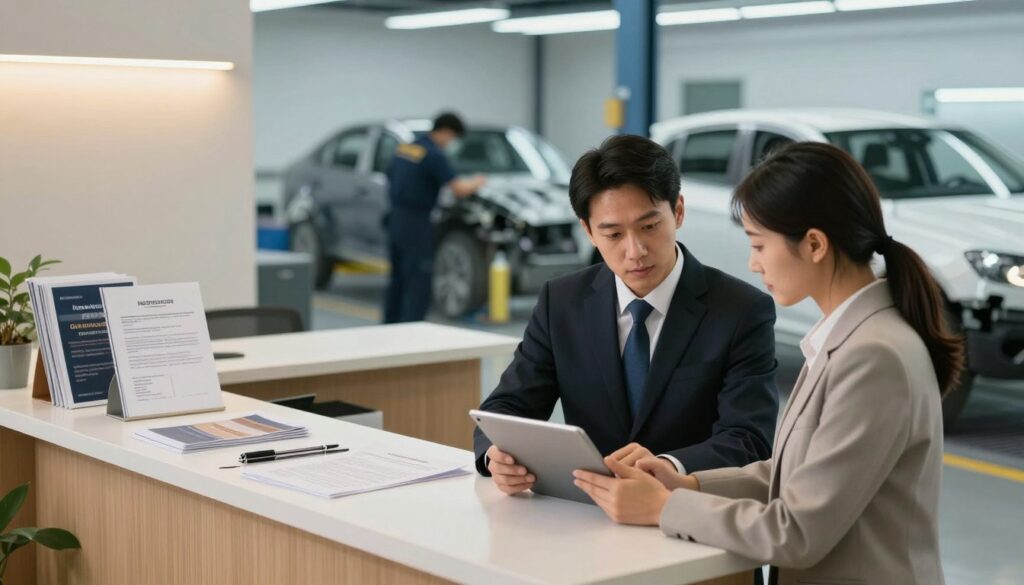 A professional auto body shop environment showcasing the insurance claim process. In the foreground, a well-dressed insurance agent and a customer are discussing details over a tablet, both looking focused and engaged. The middle section features a sleek reception area with soft, warm lighting, highlighting an organized display of claim forms and brochures. The background portrays a repair area with technicians working on a car, illustrating the collaboration between the shop and the insurance process. The atmosphere is busy yet efficient, conveying trust and professionalism. The scene uses a wide-angle lens to capture the collaborative environment, with a soft depth of field focusing on the interactions in the foreground.