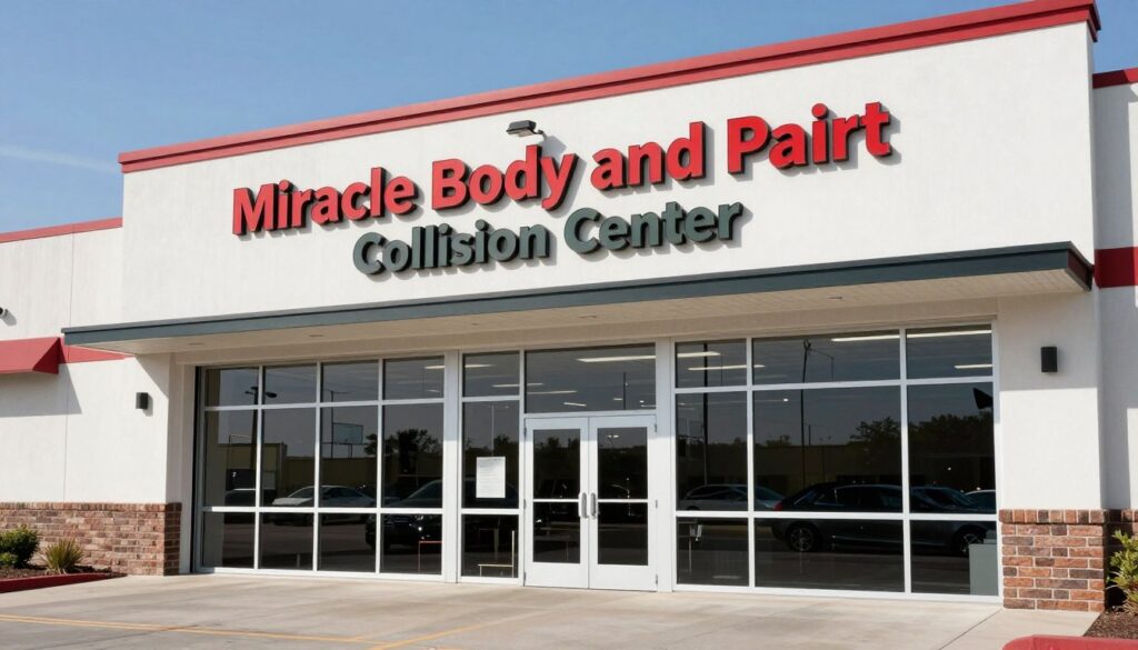 A professional auto body shop with a large sign reading Miracle Body and Paint Collision Center in San Antonio, Texas, high-quality exterior view, bright daylight, clean modern facility. A professional auto body shop with a large sign reading Miracle Body and Paint Collision Center in San Antonio, Texas, high-quality exterior view, bright daylight, clean modern facility.