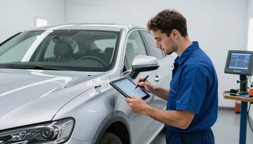 A professional auto body technician in San Antonio, TX, using a high-tech tablet to document dents and scratches on a silver sedan inside a clean, modern repair facility.