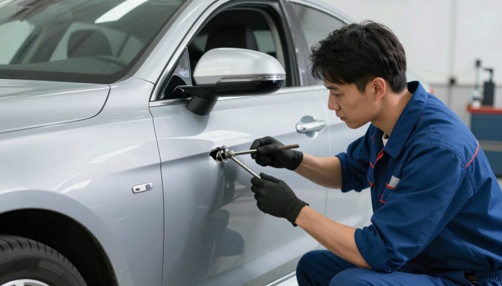 A professional auto technician using specialized metal rods to carefully massage a minor door ding from the inside of a silver sedan in a bright, modern repair shop. A professional auto technician using specialized metal rods to carefully massage a minor door ding from the inside of a silver sedan in a bright, modern repair shop.