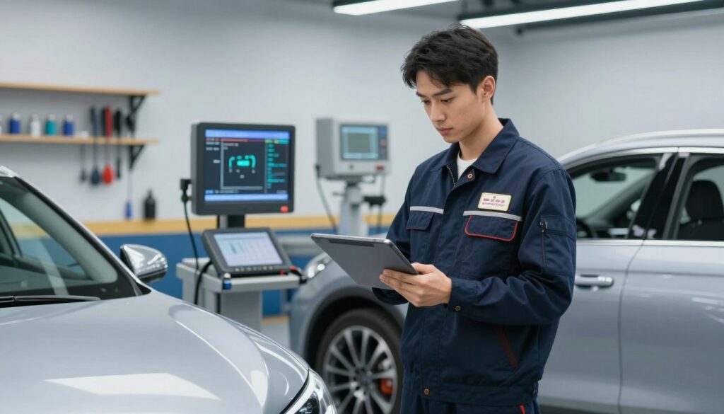 A professional automotive technician in a clean, modern workshop wearing a uniform with certification patches, holding a digital diagnostic tablet next to a high-end car.