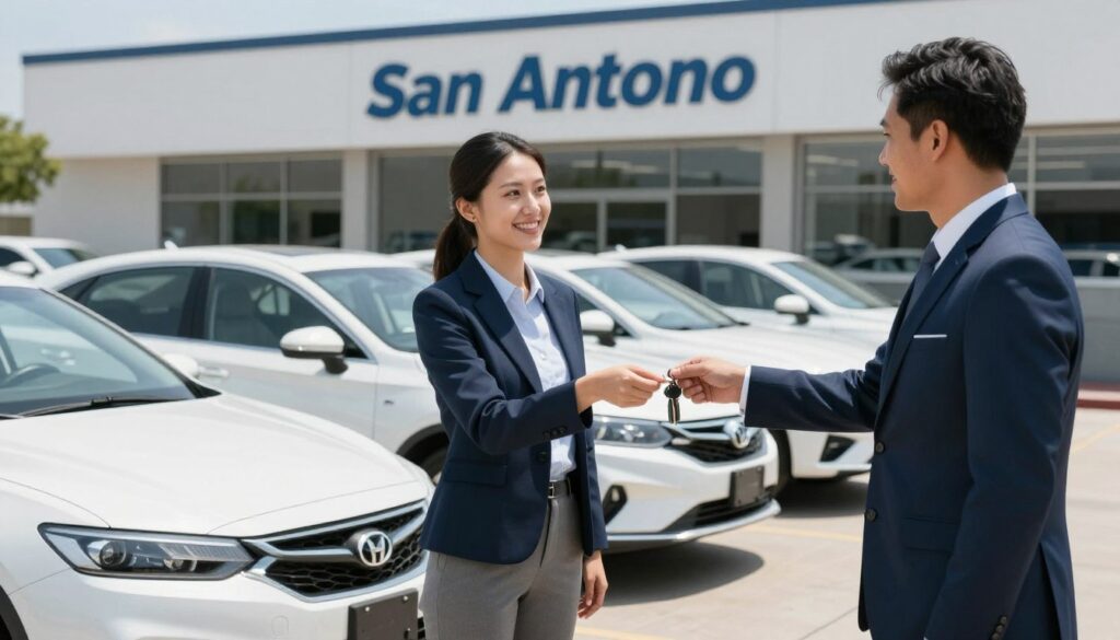 A professional collision repair facility in San Antonio featuring a fleet of clean, modern rental cars parked in front, a friendly staff member handing keys to a smiling customer, bright and welcoming atmosphere, 8k resolution. A professional collision repair facility in San Antonio featuring a fleet of clean, modern rental cars parked in front, a friendly staff member handing keys to a smiling customer, bright and welcoming atmosphere, 8k resolution.