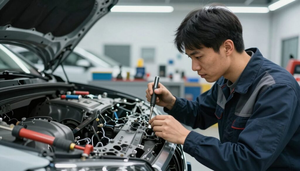 A professional collision repair shop interior, showcasing a skilled technician in business attire meticulously working on a car's front end, using advanced tools and equipment. The foreground features the technician, focused and precise, with detailed close-ups of their hands inspecting intricate parts. In the middle ground, various auto repair tools and a partially dismantled vehicle reflect the ongoing work process. The background reveals a clean, organized garage with proper lighting, casting a bright yet soft glow over the scene. The atmosphere is industrious and focused, conveying quality assurance in collision repair, with the lens capturing a slight depth of field to emphasize the technician's actions.