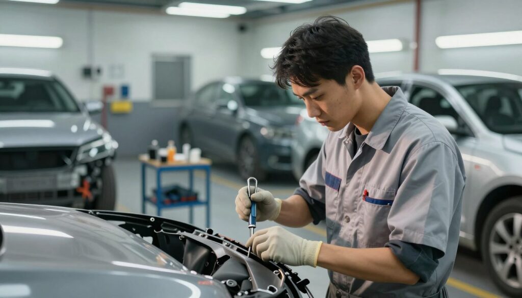 A professional collision repair shop scene, capturing a technician in a polished garage environment. In the foreground, a skilled technician in a clean, professional uniform examines a damaged car part with precision tools in hand. The middle ground features cars in various states of repair, highlighting tools and equipment commonly used in collision repair, such as spray booths and dent repair stations. In the background, soft lighting creates a welcoming atmosphere, illuminating the workshop while casting gentle shadows. The overall mood is one of trust and reassurance, symbolizing the reliability and thoroughness of lifetime warranty collision repair coverage. The image should have a slight depth of field effect, focusing on the technician while softly blurring the background elements to emphasize competence and professionalism.