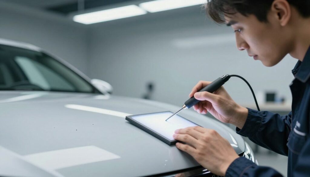 A professional dent repair technician in a smart work uniform carefully examining a car's surface in a modern, well-lit workshop. In the foreground, focus on the technician's hand gently using specialized tools, such as a PDR rod and light board, to illustrate the paintless dent repair process. The midground features a flat and shiny hood of a car with a few minor dents visible, highlighting the necessity of the repair. In the background, soft shadows cast by overhead fluorescent lights create an atmosphere of professionalism and precision. The overall mood is calm and focused, showcasing the benefits of paintless dent repair through meticulous attention to detail and the advanced techniques used in the industry. A professional dent repair technician in a smart work uniform carefully examining a car's surface in a modern, well-lit workshop. In the foreground, focus on the technician's hand gently using specialized tools, such as a PDR rod and light board, to illustrate the paintless dent repair process. The midground features a flat and shiny hood of a car with a few minor dents visible, highlighting the necessity of the repair. In the background, soft shadows cast by overhead fluorescent lights create an atmosphere of professionalism and precision. The overall mood is calm and focused, showcasing the benefits of paintless dent repair through meticulous attention to detail and the advanced techniques used in the industry.