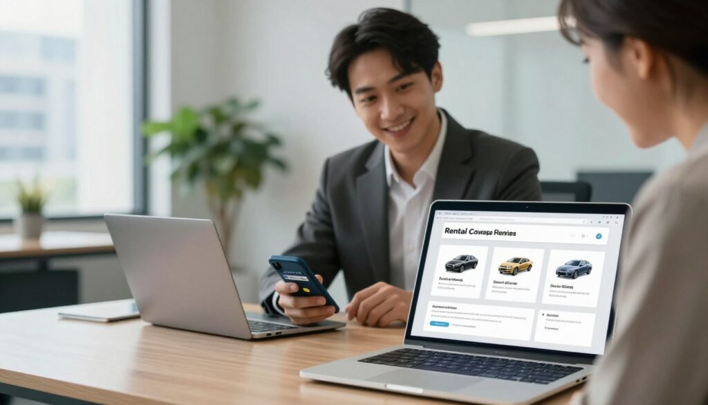 A professional, modern office setting where an individual in business attire examines a laptop displaying rental car options and coverage information. In the foreground, a detailed view of a laptop screen shows clearly defined icons representing rental coverage benefits, direct billing, and reimbursement processes. In the middle ground, a smiling business professional, dressed in a smart suit, holds a smartphone with an app showing rental car bookings. The background features a stylish office environment with soft lighting, a potted plant, and a window offering a view of a cityscape, conveying a sense of reliability and trust. The overall atmosphere should be bright, inviting, and focused, emphasizing the importance of rental reimbursement coverage in a practical, relatable way. A professional, modern office setting where an individual in business attire examines a laptop displaying rental car options and coverage information. In the foreground, a detailed view of a laptop screen shows clearly defined icons representing rental coverage benefits, direct billing, and reimbursement processes. In the middle ground, a smiling business professional, dressed in a smart suit, holds a smartphone with an app showing rental car bookings. The background features a stylish office environment with soft lighting, a potted plant, and a window offering a view of a cityscape, conveying a sense of reliability and trust. The overall atmosphere should be bright, inviting, and focused, emphasizing the importance of rental reimbursement coverage in a practical, relatable way.