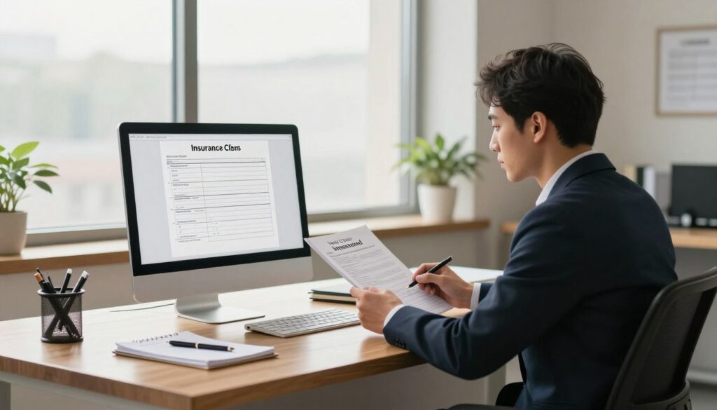 A professional scene depicting an insurance adjuster diligently filing a claim against an uninsured driver. In the foreground, a person in business attire sits at a sleek wooden desk, focused intently on a computer screen displaying claim forms and policy documents. The middle scene shows a large window with soft natural light pouring in, illuminating the office with a warm, inviting glow. On the desk, there are various office supplies, such as a notepad, a pen, and an open book about insurance claims. In the background, a minimalist office environment with neutral colors and a potted plant adds to the professional atmosphere. The mood is serious yet hopeful, emphasizing the importance of navigating challenges in insurance claims. Use a wide-angle lens for a clear, inclusive view of the workspace. A professional scene depicting an insurance adjuster diligently filing a claim against an uninsured driver. In the foreground, a person in business attire sits at a sleek wooden desk, focused intently on a computer screen displaying claim forms and policy documents. The middle scene shows a large window with soft natural light pouring in, illuminating the office with a warm, inviting glow. On the desk, there are various office supplies, such as a notepad, a pen, and an open book about insurance claims. In the background, a minimalist office environment with neutral colors and a potted plant adds to the professional atmosphere. The mood is serious yet hopeful, emphasizing the importance of navigating challenges in insurance claims. Use a wide-angle lens for a clear, inclusive view of the workspace.