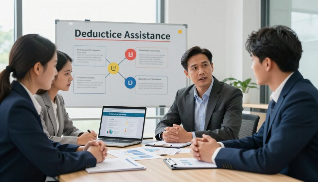 A professional setting where individuals are engaging in a discussion about health insurance assistance, specifically focusing on deductible assistance. In the foreground, a diverse group of three people, dressed in smart business attire, is gathered around a large table covered with documents, charts, and a laptop displaying a health insurance website. In the middle, a whiteboard filled with colorful diagrams and step-by-step guides related to accessing deductible assistance, creating a collaborative atmosphere. In the background, soft natural light filters through large windows, enhancing the sense of clarity and focus. The overall mood is one of empowerment and teamwork, highlighting the journey of navigating health insurance to lower out-of-pocket costs.