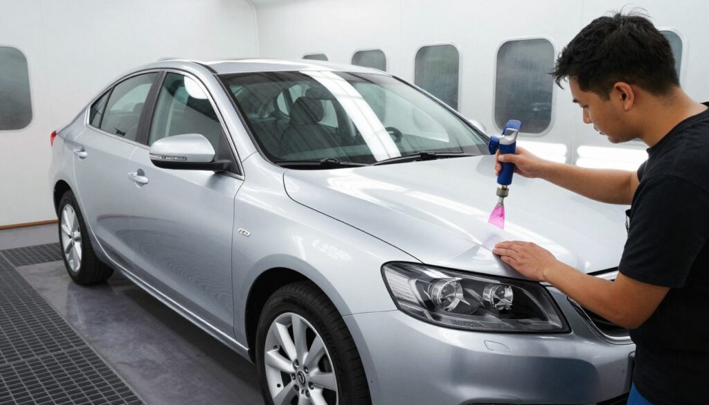 A professional technician in a clean, high-tech San Antonio spray booth applying a glossy top coat to a silver sedan, showing the precision of auto paint services San Antonio.