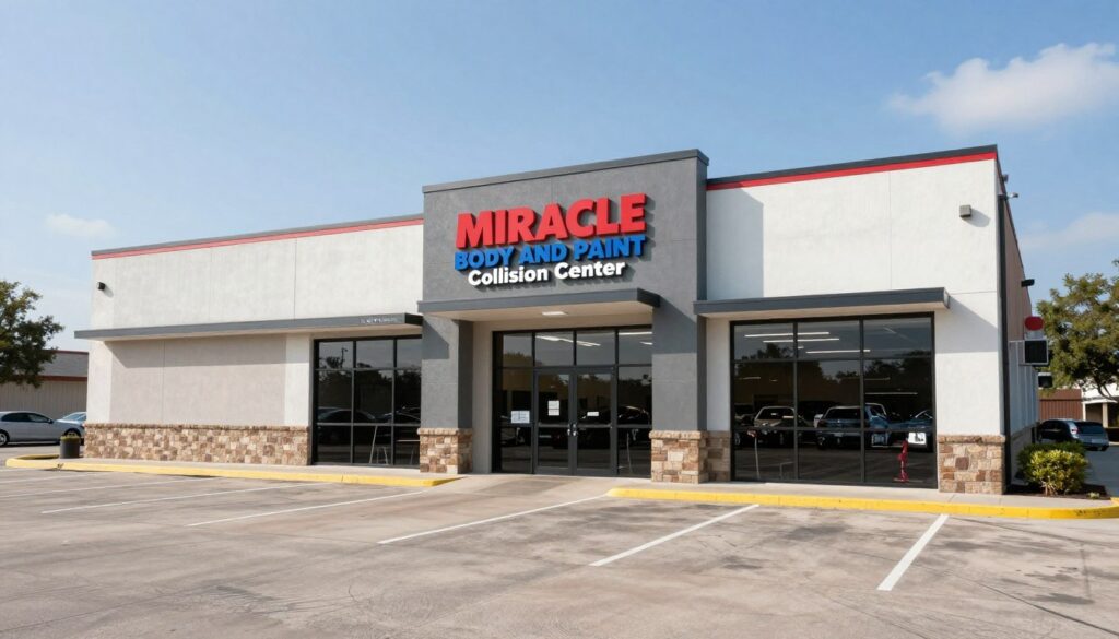 A professional wide-angle exterior photograph of Miracle Body and Paint Collision Center in San Antonio, featuring a modern auto body shop with clear branding, a clean parking lot, and a welcoming entrance under a bright Texas sky.