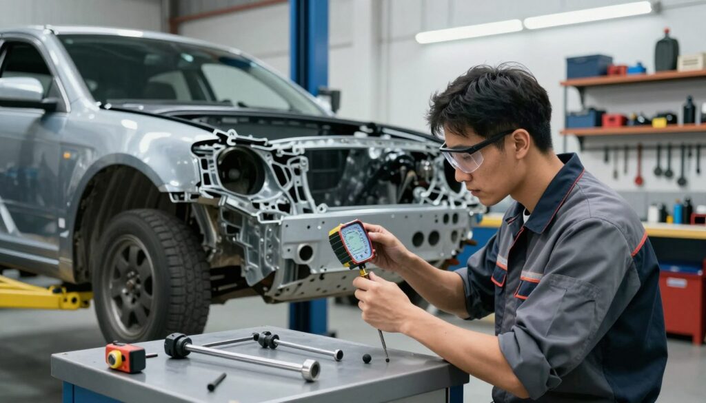 A skilled technician in a well-lit automotive repair shop, wearing a professional work shirt and safety goggles, meticulously inspecting a damaged vehicle frame on a hydraulic lift. In the foreground, tools such as a torque wrench and measuring equipment are neatly arranged. The technician focuses on a measuring gauge to ensure precision in frame alignment. In the middle ground, a partially disassembled car reveals its internal structure, showcasing the complexity of frame repair work. The background features organized shelves stocked with various automotive repair tools and equipment, illuminated by bright overhead lights that create a clinical and focused atmosphere. The overall mood conveys professionalism and attention to detail in the vehicle frame repair process. A skilled technician in a well-lit automotive repair shop, wearing a professional work shirt and safety goggles, meticulously inspecting a damaged vehicle frame on a hydraulic lift. In the foreground, tools such as a torque wrench and measuring equipment are neatly arranged. The technician focuses on a measuring gauge to ensure precision in frame alignment. In the middle ground, a partially disassembled car reveals its internal structure, showcasing the complexity of frame repair work. The background features organized shelves stocked with various automotive repair tools and equipment, illuminated by bright overhead lights that create a clinical and focused atmosphere. The overall mood conveys professionalism and attention to detail in the vehicle frame repair process.