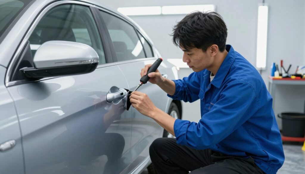 A skilled technician performing paintless dent repair on a vehicle door, wearing a neat blue work shirt and black pants. In the foreground, the technician focuses intently on the door, utilizing specialized tools to manipulate the metal back into its original shape. The vehicle, a glossy silver sedan, showcases a noticeable dent near the door handle, creating a contrast against the technician’s concentrated expression. In the middle ground, a well-organized workspace includes additional repair tools and equipment. The background features a bright, clean auto repair shop with fluorescent lighting that enhances the professionalism of the scene. The atmosphere is efficient and focused, highlighting the precision and care involved in paintless dent repair, with soft shadows adding depth to the image. A skilled technician performing paintless dent repair on a vehicle door, wearing a neat blue work shirt and black pants. In the foreground, the technician focuses intently on the door, utilizing specialized tools to manipulate the metal back into its original shape. The vehicle, a glossy silver sedan, showcases a noticeable dent near the door handle, creating a contrast against the technician’s concentrated expression. In the middle ground, a well-organized workspace includes additional repair tools and equipment. The background features a bright, clean auto repair shop with fluorescent lighting that enhances the professionalism of the scene. The atmosphere is efficient and focused, highlighting the precision and care involved in paintless dent repair, with soft shadows adding depth to the image.