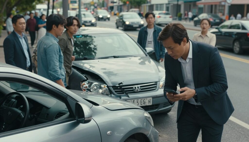 A tense scene capturing a car accident involving an uninsured driver. In the foreground, a slightly damaged vehicle with a concerned driver in professional business attire, inspecting the damage while holding a cellphone. In the middle ground, a second car with minor damage, parked askew, and the other driver talking to a witness. Various people around them display expressions of concern. The background features a busy city street, with vehicles in motion and pedestrians watching. The lighting is bright but slightly overcast, creating a somber mood. A wide-angle perspective captures the entirety of the scene, emphasizing the chaos of the moment and the need for resolution. A tense scene capturing a car accident involving an uninsured driver. In the foreground, a slightly damaged vehicle with a concerned driver in professional business attire, inspecting the damage while holding a cellphone. In the middle ground, a second car with minor damage, parked askew, and the other driver talking to a witness. Various people around them display expressions of concern. The background features a busy city street, with vehicles in motion and pedestrians watching. The lighting is bright but slightly overcast, creating a somber mood. A wide-angle perspective captures the entirety of the scene, emphasizing the chaos of the moment and the need for resolution.