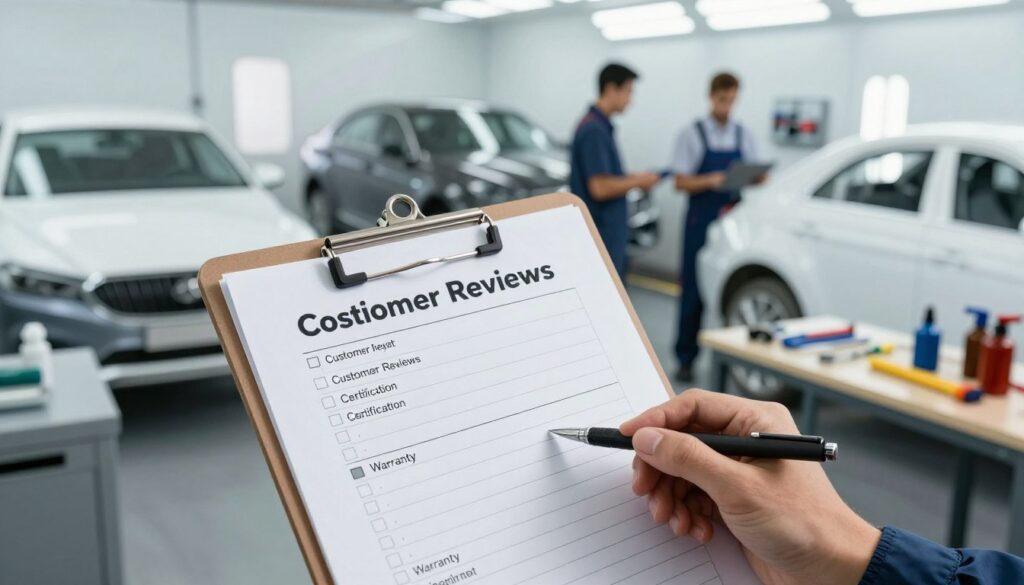 A visual representation of essential quality indicators in collision repair, featuring a detailed checklist displayed on a clipboard in the foreground, showcasing items like "Customer Reviews," "Certification," and "Warranty." In the middle ground, include a modern auto body shop environment with sparkling clean workstations, painted cars in various stages of repair, and tools neatly organized. The background should show mechanics in professional business attire, focused on their work, embodying a sense of professionalism and expertise. Bright, natural lighting illuminates the scene, creating a welcoming atmosphere. Use a slight lens tilt for a dynamic angle, emphasizing the work ethic in the shop. The overall mood is earnest and industrious, conveying a high standard in collision repair.