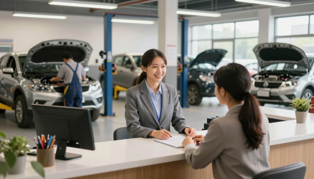 A welcoming and professional insurance preferred repair shop interior, featuring a clean and organized workspace. The foreground displays a sleek reception desk staffed by a friendly employee in professional attire, engaging with a customer. In the middle, mechanic bays are visible, showcasing technicians in coveralls working on various vehicles, highlighting quality tools and equipment. The background reveals large windows allowing natural light to flood in, enhancing the bright and optimistic atmosphere. Warm and inviting lighting illuminates the space, creating a sense of trust and reliability. The overall mood is positive and industrious, reflecting the benefits of using an insurance-preferred shop for repairs.
