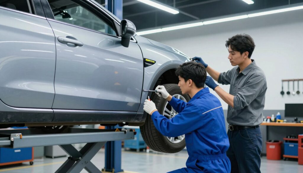 A well-lit auto repair shop scene featuring two technicians examining the panel gaps on a recently repaired vehicle. In the foreground, one technician, dressed in a smart blue uniform, uses a gap tool to measure the space between the car’s fenders and doors, while the other technician, wearing a gray shirt and gloves, inspects the alignment with a focused expression. The middle ground showcases the car on a hydraulic lift, revealing its sleek body lines and detailing, while various tools and equipment are neatly arranged in the background. Bright fluorescent lights illuminate the area, creating a clean, professional atmosphere. The angle captures the dynamic interaction between the technicians, emphasizing precision and attention to detail in the collision repair process.