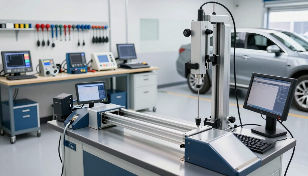A well-lit automotive collision repair shop showcasing advanced OEM-certified repair equipment. In the foreground, a shiny, high-tech frame machine with precise measurement tools and a computerized alignment system, emphasizing quality and safety. The middle ground features a variety of diagnostic tools and modern spray booths, all organized neatly, reflecting a professional environment. In the background, a bright, clean workspace with tools hanging on the walls and a sleek car model undergoing repair, showcasing the process of OEM-certified service. The scene is soaked in natural light, with soft shadows, creating an inviting atmosphere that conveys professionalism and expertise in collision repair. The angle captures the depth of the shop, well-composed to highlight the equipment effectively. A well-lit automotive collision repair shop showcasing advanced OEM-certified repair equipment. In the foreground, a shiny, high-tech frame machine with precise measurement tools and a computerized alignment system, emphasizing quality and safety. The middle ground features a variety of diagnostic tools and modern spray booths, all organized neatly, reflecting a professional environment. In the background, a bright, clean workspace with tools hanging on the walls and a sleek car model undergoing repair, showcasing the process of OEM-certified service. The scene is soaked in natural light, with soft shadows, creating an inviting atmosphere that conveys professionalism and expertise in collision repair. The angle captures the depth of the shop, well-composed to highlight the equipment effectively.