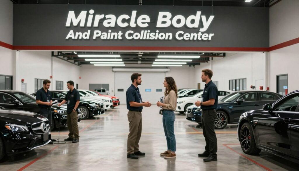A wide-angle professional photograph of Miracle Body and Paint Collision Center's modern facility in San Antonio, showing a clean service bay and expert technicians greeting a customer. A wide-angle professional photograph of Miracle Body and Paint Collision Center's modern facility in San Antonio, showing a clean service bay and expert technicians greeting a customer.