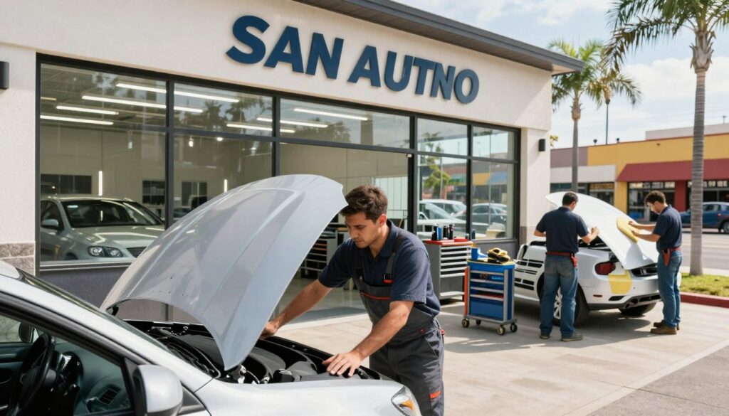 An auto body shop in San Antonio, featuring a clean, modern exterior with large glass windows, showcasing a busy work environment inside. In the foreground, a technician in professional work attire is inspecting a car hood, while another team member is sanding a vehicle, highlighting teamwork and expertise. The middle ground includes a well-organized garage with various tools and equipment visible, creating a sense of efficiency. The background should show a brightly lit city street with palm trees and vibrant storefronts, emphasizing the location's accessibility. The overall atmosphere is professional and welcoming, with natural daylight streaming in, creating a warm, inviting mood. The image should portray the essence of a thriving auto body repair business, ready to serve customers in San Antonio.
