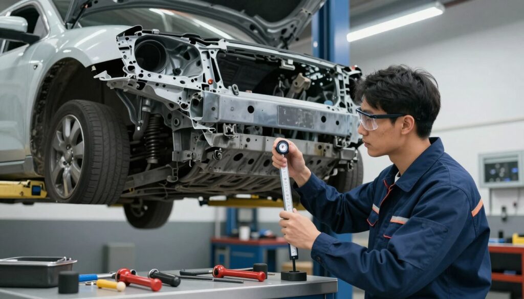 An automotive technician inspecting a vehicle's frame for structural damage in a well-lit garage. In the foreground, display the technician, dressed in a professional uniform with safety goggles, examining the chassis with a specialized measuring tool reflecting focused determination. In the middle, showcase the car raised on a hydraulic lift, revealing the undercarriage with noticeable alignment issues and repair marks. Incorporate various tools scattered on a workbench, adding authenticity to the scene. In the background, soft overhead lighting highlights the clean, organized workspace, filling the environment with a sense of professionalism and thoroughness. Capture the mood of a serious inspection, emphasizing the importance of identifying hidden structural damage after an accident.