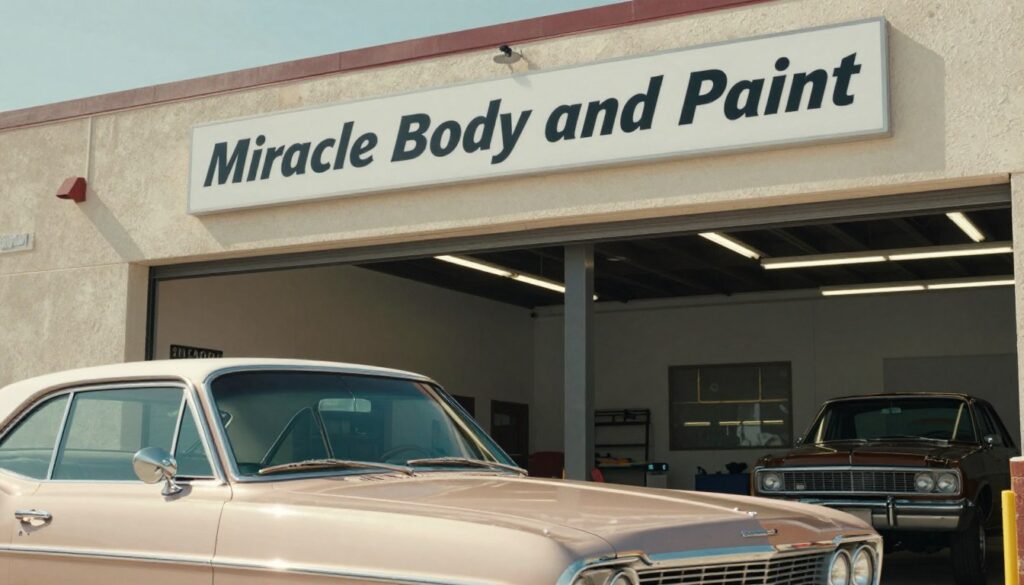 An exterior shot of a modern, clean auto body shop in San Antonio with a "Miracle Body and Paint" sign, showing a shiny restored car in the foreground under bright Texas sunlight.