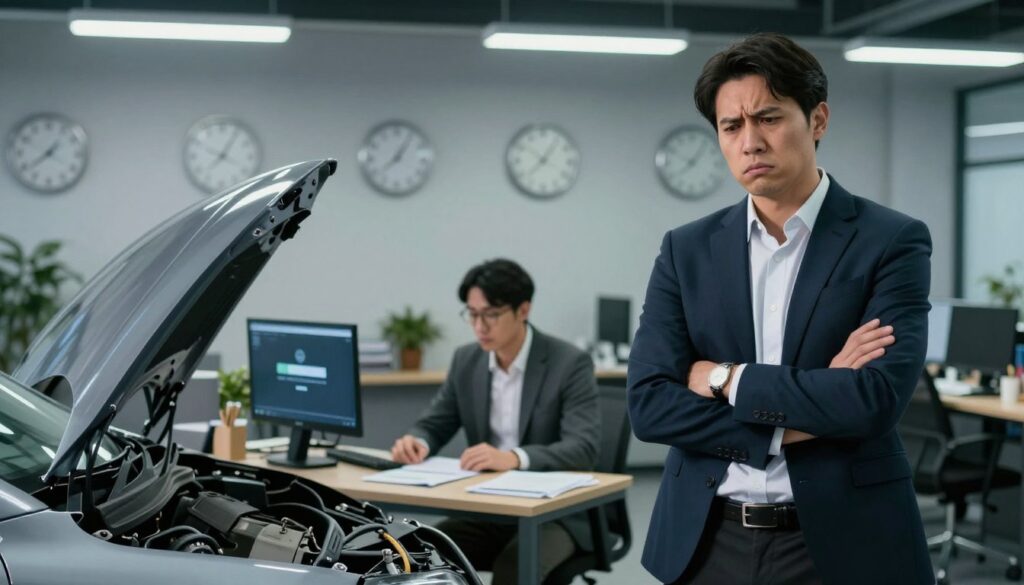 An office environment depicting a frustrating delay in the collision repair process. In the foreground, a frustrated car owner in professional business attire, with a furrowed brow and crossed arms, stands next to a damaged car. In the middle, an aloof insurance adjuster in smart casual clothing sits at a cluttered desk, surrounded by paperwork and a computer showing a loading screen, symbolizing inactivity. The background features clocks on the wall showing different times, emphasizing the passing of time. Overhead fluorescent lighting casts a harsh glare, creating a sterile atmosphere filled with tension. The overall mood is one of frustration and confusion, highlighting the slow-moving bureaucracy of insurance claims. An office environment depicting a frustrating delay in the collision repair process. In the foreground, a frustrated car owner in professional business attire, with a furrowed brow and crossed arms, stands next to a damaged car. In the middle, an aloof insurance adjuster in smart casual clothing sits at a cluttered desk, surrounded by paperwork and a computer showing a loading screen, symbolizing inactivity. The background features clocks on the wall showing different times, emphasizing the passing of time. Overhead fluorescent lighting casts a harsh glare, creating a sterile atmosphere filled with tension. The overall mood is one of frustration and confusion, highlighting the slow-moving bureaucracy of insurance claims.