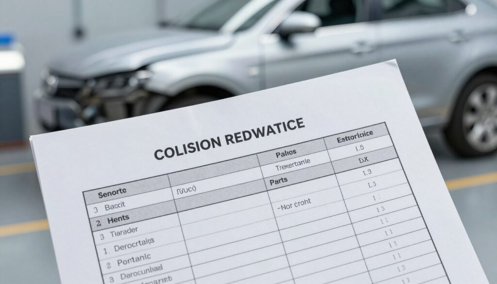 Close-up of a professional collision repair estimate document with line items for labor and parts next to a silver damaged car in a modern auto body shop. Close-up of a professional collision repair estimate document with line items for labor and parts next to a silver damaged car in a modern auto body shop.