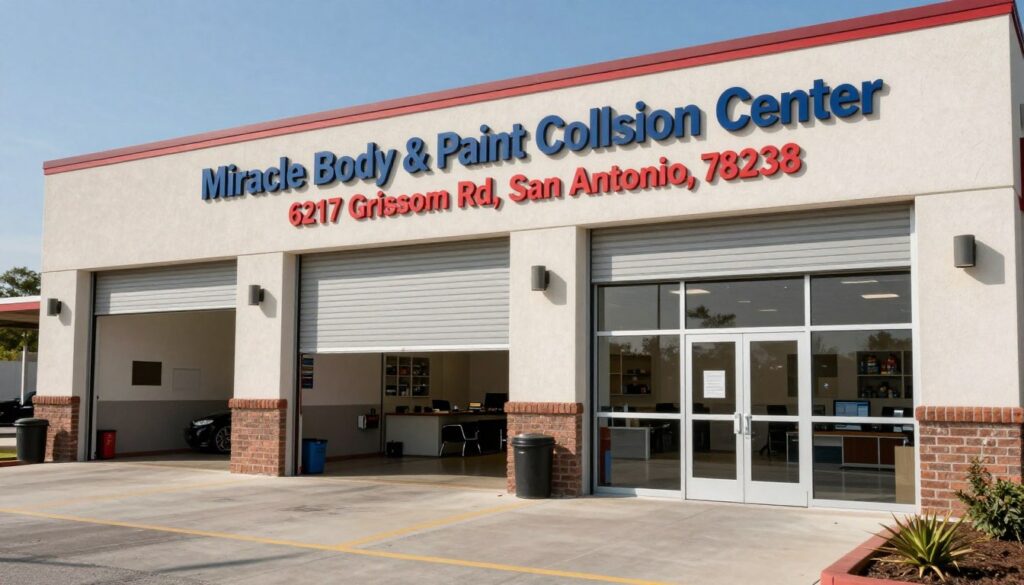 Exterior shot of Miracle Body and Paint Collision Center at 6217 Grissom Rd, San Antonio, TX 78238, showing the service bays and a professional office entrance.