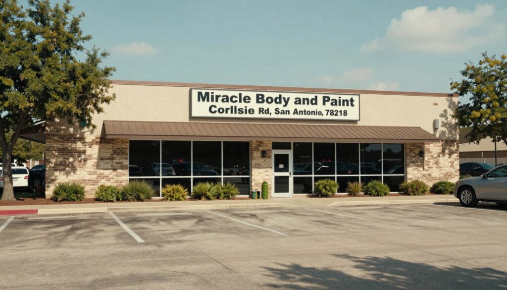 Street view of Miracle Body and Paint Collision Center at 4650 Walzem Rd, San Antonio, TX 78218, featuring a clean parking lot and professional signage.
