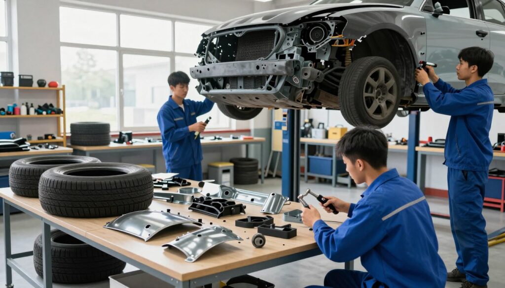 Technicians in blue uniforms meticulously disassemble a damaged vehicle in a well-lit collision repair shop. In the foreground, two technicians focus on removing the front fender using specialized tools, while another technician inspects the area for hidden structural damage. The middle ground features an array of disassembled car parts organized on a workbench, showcasing tire assemblies, bumper components, and metal panels. The background reveals large windows allowing natural light to flood in, illuminating the workspace and highlighting various tools on the shelves. The atmosphere conveys professionalism and diligence, emphasizing the importance of thoroughness in the repair process. The composition captures the dynamic activity of the repair shop, showcasing teamwork and technical expertise.