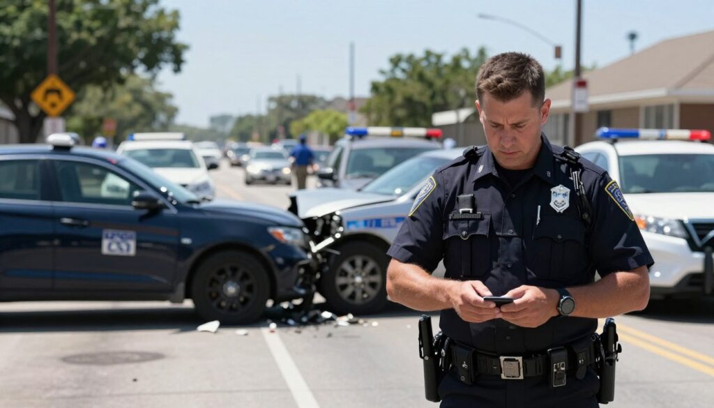 A San Antonio police officer at the scene of a recent car crash on a busy street, prominently featuring FM 78 or Walzem Road. In the foreground, the officer is conducting a traffic investigation, with a focused expression, wearing a neatly pressed police uniform. The middle ground showcases two vehicles with visible damage, indicating a collision, with debris scattered around. The background includes blurred cars passing by, with a clear blue sky and bright sunlight creating a high-contrast scene that emphasizes urgency. The mood is serious but professional, capturing the immediate effects of an accident. The image should be framed from a slightly elevated angle to showcase the scene effectively while maintaining a respectful distance.