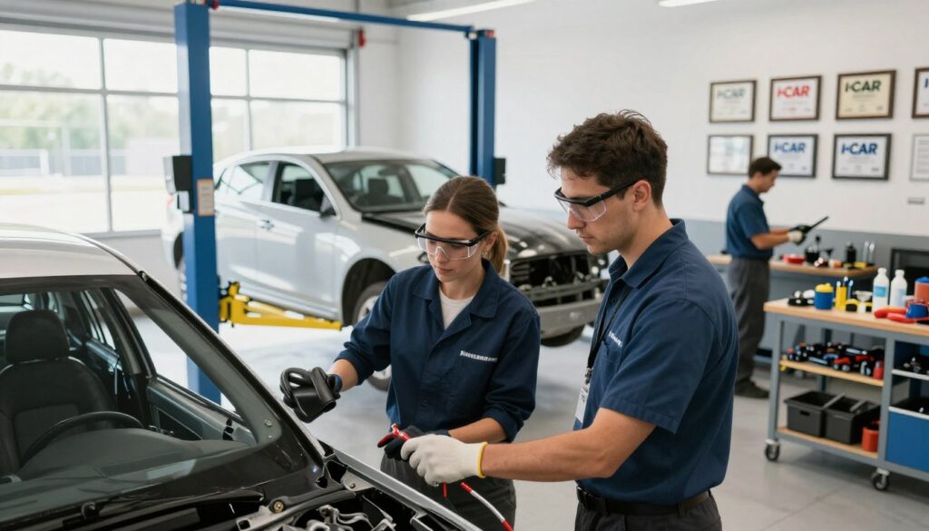 A bright and well-organized auto body repair shop features two I-CAR Gold Class certified technicians working diligently on a vehicle. In the foreground, the technicians, a man and a woman, both in professional business attire with safety goggles and gloves, are inspecting the vehicle’s body with precision tools. The middle ground showcases a car lift with a partially disassembled car, surrounded by various tools and equipment neatly arranged on a workbench. In the background, large windows let in natural light, illuminating the clean, modern workspace adorned with quality certification plaques on the walls. The mood is focused and professional, emphasizing the importance of quality and expertise in vehicle care. The angle is slightly elevated, capturing both the technicians and the setup effectively, with bright, even lighting highlighting their actions. A bright and well-organized auto body repair shop features two I-CAR Gold Class certified technicians working diligently on a vehicle. In the foreground, the technicians, a man and a woman, both in professional business attire with safety goggles and gloves, are inspecting the vehicle’s body with precision tools. The middle ground showcases a car lift with a partially disassembled car, surrounded by various tools and equipment neatly arranged on a workbench. In the background, large windows let in natural light, illuminating the clean, modern workspace adorned with quality certification plaques on the walls. The mood is focused and professional, emphasizing the importance of quality and expertise in vehicle care. The angle is slightly elevated, capturing both the technicians and the setup effectively, with bright, even lighting highlighting their actions.