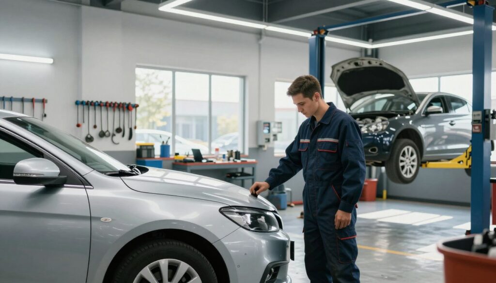 A bright, clean body shop interior showcasing a well-organized workspace. In the foreground, a professional mechanic in a dark blue coverall, carefully inspecting a silver sedan with visible minor damage. The mechanic has short hair and exudes focus and expertise. In the middle ground, various tools hang neatly on a wall, while a modern hydraulic lift elevates another vehicle. Bright fluorescent lights illuminate the area, casting a crisp, professional atmosphere. In the background, large windows reveal a sunny day, enhancing the feeling of openness and cleanliness. The overall mood is one of efficiency and trust, reflecting the qualities of a reputable collision repair shop.
