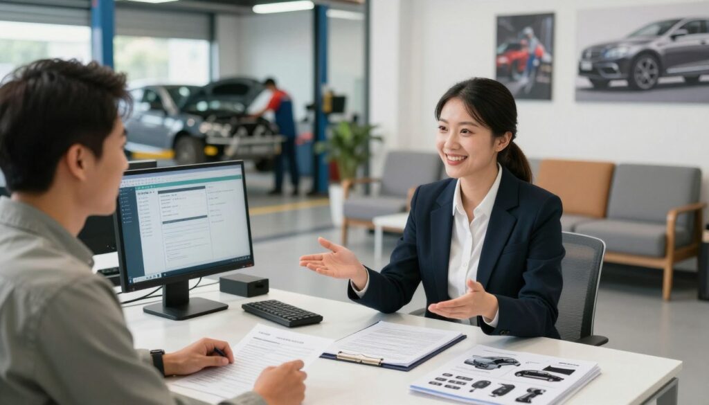 A bright collision repair shop office, showcasing a friendly customer service representative in professional attire, engaging with a customer over a sleek desk filled with repair paperwork and car parts brochures. In the foreground, emphasize their positive expressions and open body language, conveying excellent communication. In the middle, include a computer displaying repair estimates and a contemporary waiting area with comfortable seating and inspirational automotive artwork on the walls. The background reveals a well-lit workshop with skilled technicians working on vehicles, highlighting the seamless connection between service and repair. Use soft, natural lighting to create an inviting atmosphere, shot from a slight angle to capture depth and warmth in the scene.