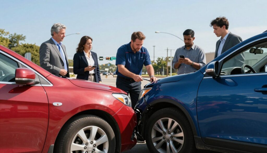 A bustling scene illustrating a minor fender bender on a sunny day in San Antonio. In the foreground, two cars, a red sedan and a blue SUV, have gently collided, with visible but minor damage to their bumpers. Onlookers, dressed in professional business attire, are inspecting the vehicles and discussing the incident. In the middle, a friendly auto body technician wearing a uniform is assessing the damage with tools in hand, while a concerned driver holds a smartphone, taking pictures. The background features a clear blue sky, local traffic, and a faint outline of Loop 410 East signifying the area. The lighting is bright and natural, creating a warm, approachable atmosphere that emphasizes care and professionalism in handling fender benders. The image composition is captured from a slightly elevated angle, providing a clear view of the scene. A bustling scene illustrating a minor fender bender on a sunny day in San Antonio. In the foreground, two cars, a red sedan and a blue SUV, have gently collided, with visible but minor damage to their bumpers. Onlookers, dressed in professional business attire, are inspecting the vehicles and discussing the incident. In the middle, a friendly auto body technician wearing a uniform is assessing the damage with tools in hand, while a concerned driver holds a smartphone, taking pictures. The background features a clear blue sky, local traffic, and a faint outline of Loop 410 East signifying the area. The lighting is bright and natural, creating a warm, approachable atmosphere that emphasizes care and professionalism in handling fender benders. The image composition is captured from a slightly elevated angle, providing a clear view of the scene.