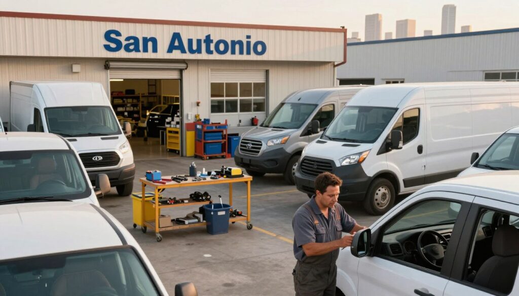 A busy commercial fleet body repair shop in San Antonio, featuring various types of vehicles, including trucks and vans, in various stages of repair. In the foreground, a mechanic dressed in professional work attire inspects a vehicle with a focused expression, showcasing his expertise. The middle layer displays a well-organized workspace with tools and equipment, emphasizing a sense of professionalism and efficiency. In the background, large bay doors reveal a hint of the San Antonio skyline, bathed in warm afternoon sunlight that highlights the shop's location. The mood is industrious and confident, radiating trust and competence in fleet repair services. The lighting is bright but soft, creating a welcoming atmosphere without harsh shadows. The scene captures the essence of expert commercial fleet body repair in a vibrant urban setting. A busy commercial fleet body repair shop in San Antonio, featuring various types of vehicles, including trucks and vans, in various stages of repair. In the foreground, a mechanic dressed in professional work attire inspects a vehicle with a focused expression, showcasing his expertise. The middle layer displays a well-organized workspace with tools and equipment, emphasizing a sense of professionalism and efficiency. In the background, large bay doors reveal a hint of the San Antonio skyline, bathed in warm afternoon sunlight that highlights the shop's location. The mood is industrious and confident, radiating trust and competence in fleet repair services. The lighting is bright but soft, creating a welcoming atmosphere without harsh shadows. The scene captures the essence of expert commercial fleet body repair in a vibrant urban setting.