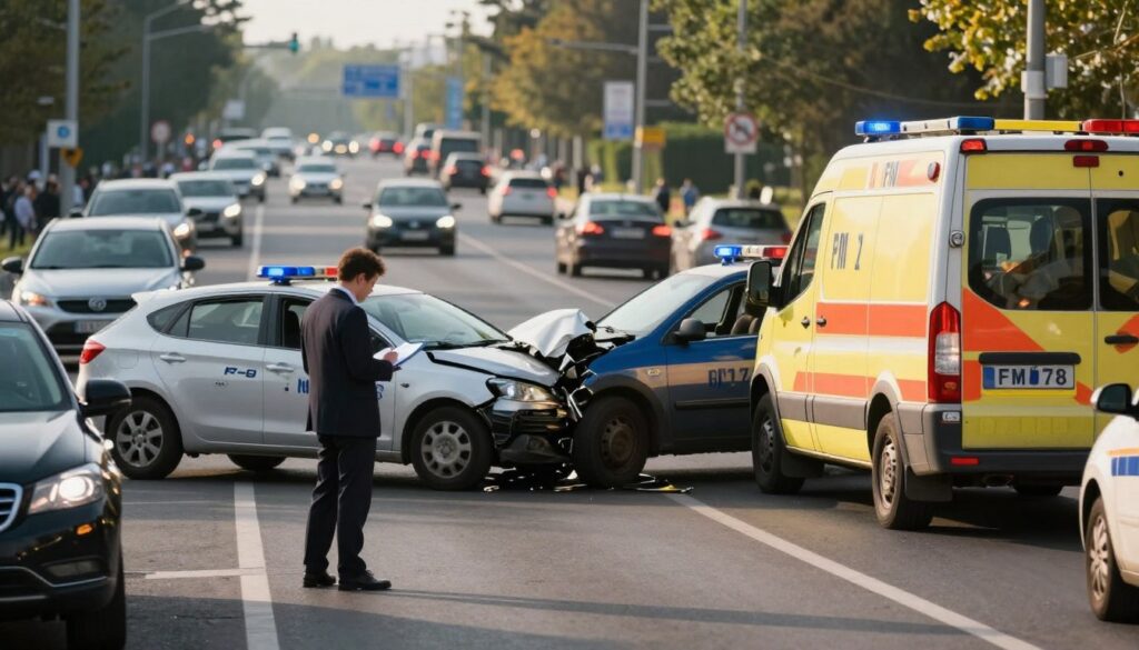 A busy intersection on FM 78, depicting a recent car accident scene. In the foreground, a professional-looking person in business attire stands analyzing the aftermath, taking notes. In the middle ground, two vehicles are involved in a minor collision, with visible damage but no injuries. Emergency vehicles, such as a police car and an ambulance, are parked nearby with flashing lights, creating a sense of urgency. The background features bustling Walzem Road with blurred motion of other cars passing, highlighting the ongoing traffic. The scene is set during the late afternoon, with warm lighting casting long shadows, evoking a serious yet clear atmosphere. The focus is sharp on the accident scene, while the background remains slightly blurred to emphasize the risks associated with driving in this area.